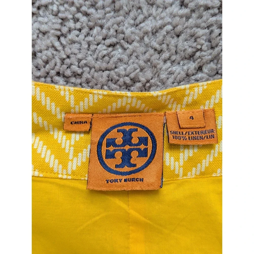 Tory Burch Linen Dress Yellow/White Chevron Button-Down Sleeveless Size 4